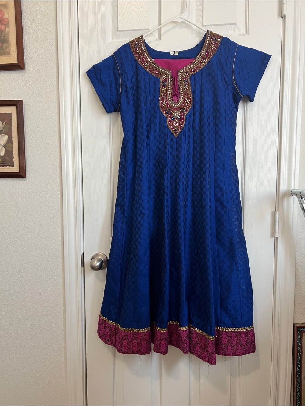 Women's Royal Blue Anarkali Dress with Pink Accents